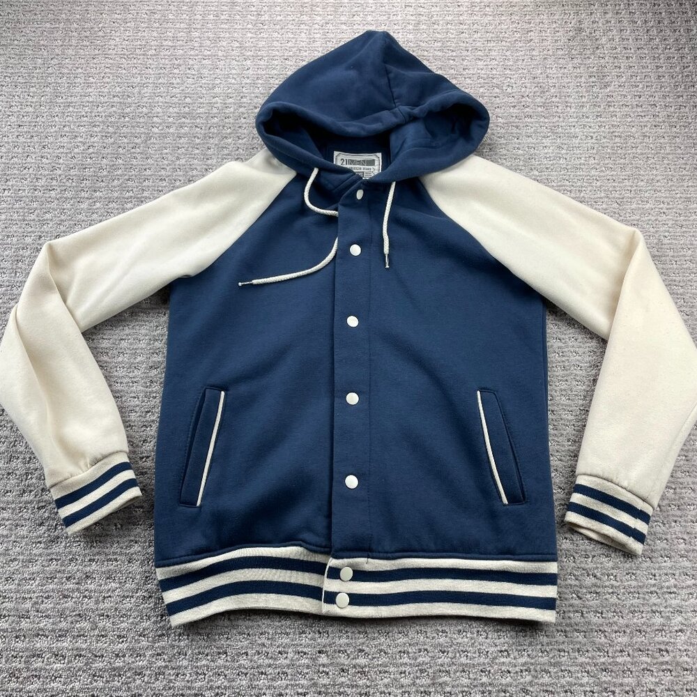 Varsity Sweater Men Size Small S Blue Beige Button Up Hoodie Hooded Activewear